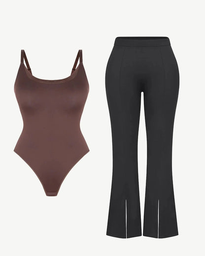 Bundle 1 Cami Thong Bodysuit + 1 Front Slit Flare Legging