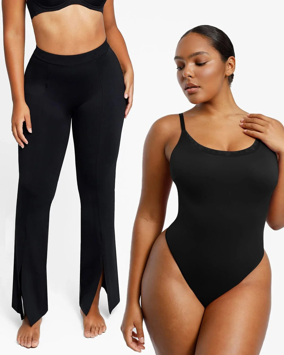 Bundle 1 Cami Thong Bodysuit + 1 Front Slit Flare Legging